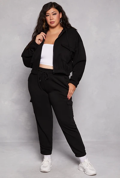 Womens Plus Size Fleece Drawstring Cargo Joggers, Black, Size 3X