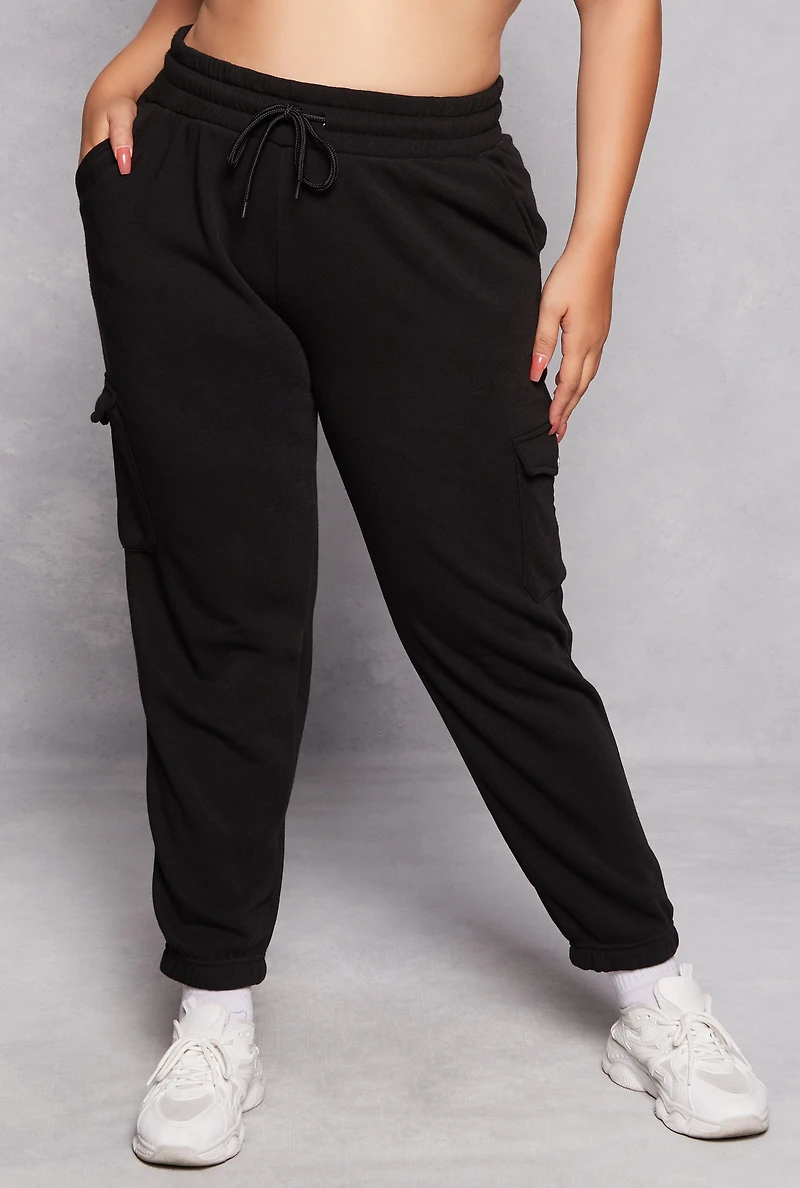 Womens Plus Size Fleece Drawstring Cargo Joggers, Black, Size 3X