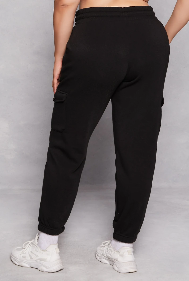 Womens Plus Size Fleece Drawstring Cargo Joggers, Black, Size 3X