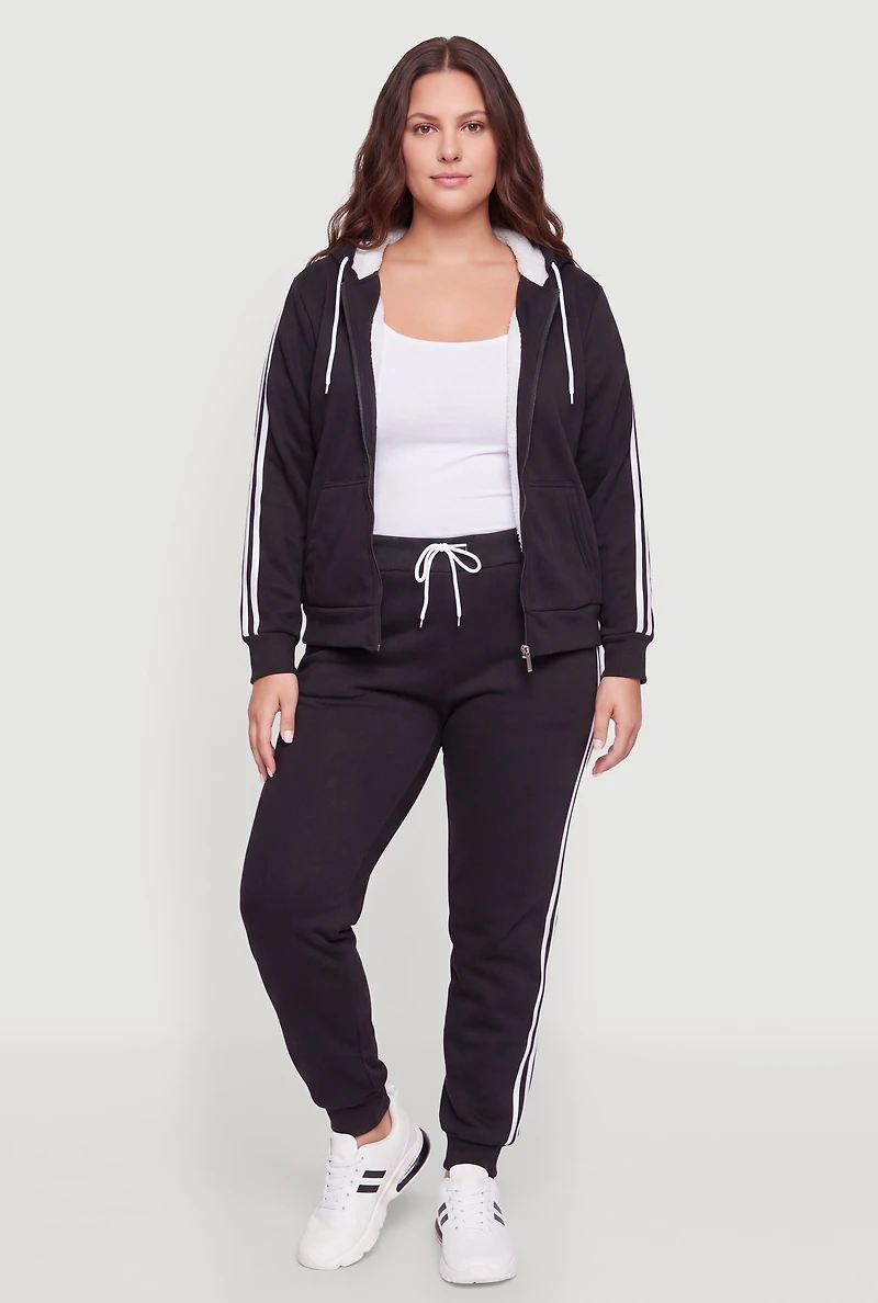 Plus Sherpa Lined Hooded Sweatshirt with Varsity Stripes
