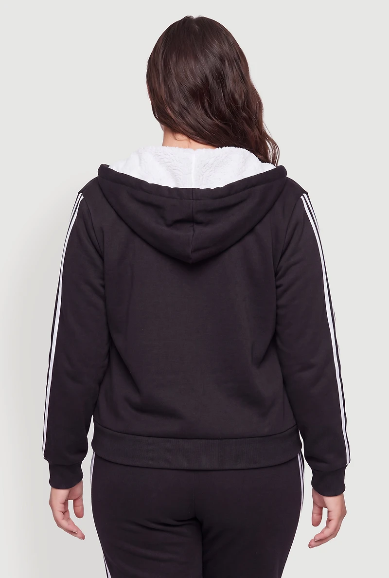 Plus Sherpa Lined Hooded Sweatshirt with Varsity Stripes