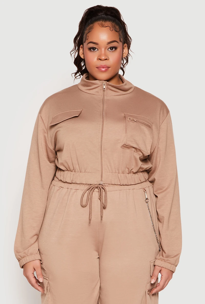 Plus Zip Front Cropped Sweatshirt