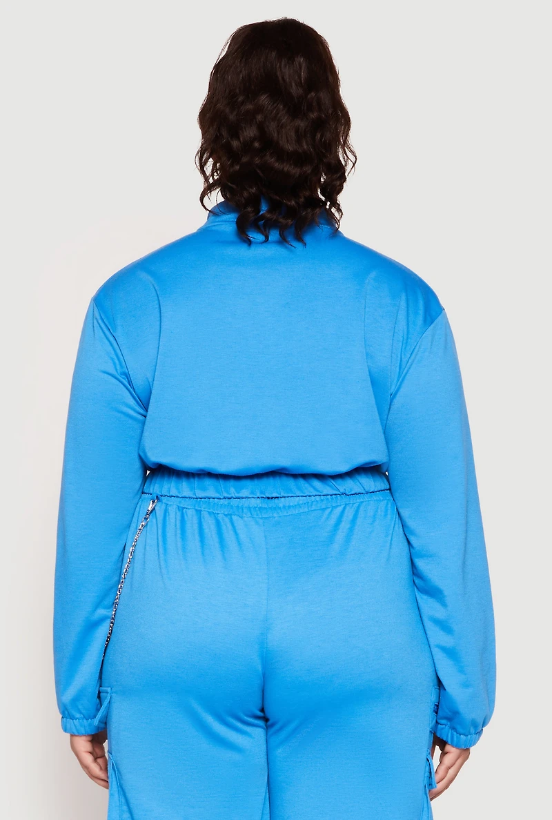Womens Plus Size Zip Front Cropped Sweatshirt, Blue, Size 1X
