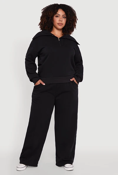Womens Plus Wide Leg Fleece Sweatpants with Pockets,