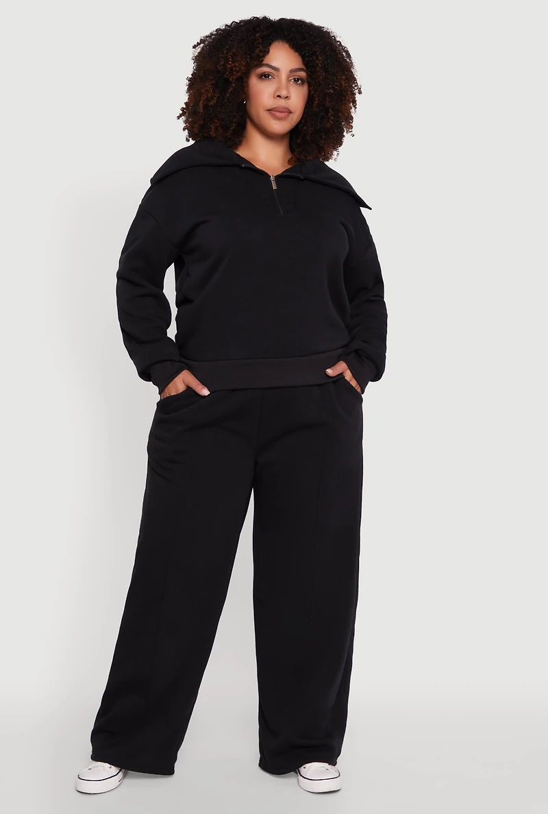 Womens Plus Size Wide Leg Fleece Sweatpants with Pockets, Black, Size 2X