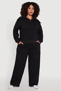 Womens Plus Size Wide Leg Fleece Sweatpants with Pockets, Black, Size 2X