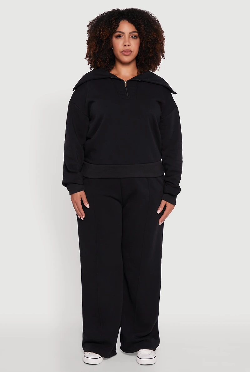 Womens Plus Size Wide Leg Fleece Sweatpants with Pockets, Black, Size 2X