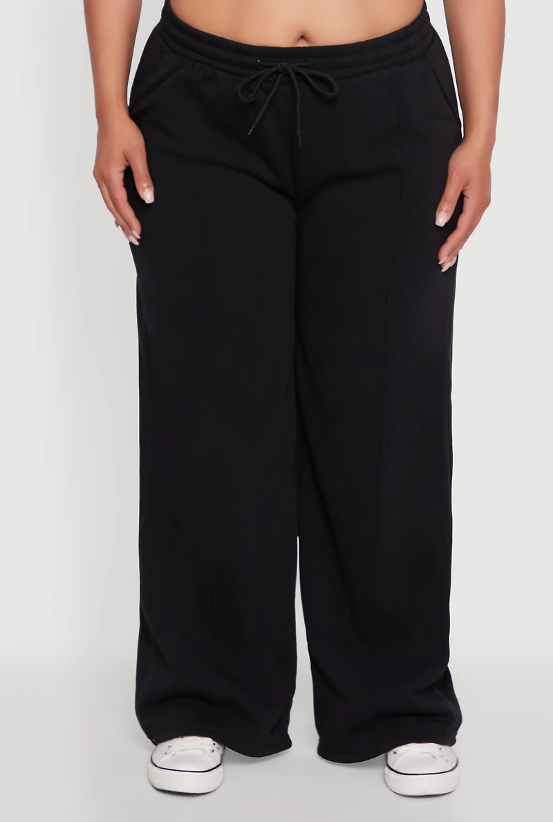 Womens Plus Size Wide Leg Fleece Sweatpants with Pockets, Black, Size 2X