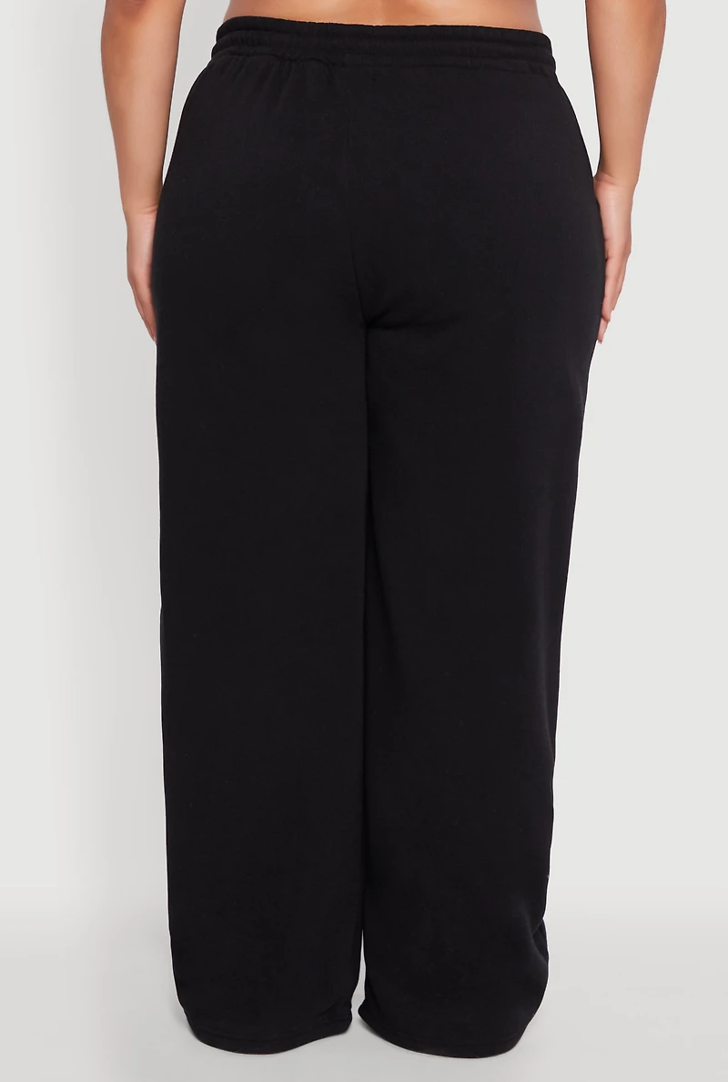 Womens Plus Size Wide Leg Fleece Sweatpants with Pockets, Black, Size 2X