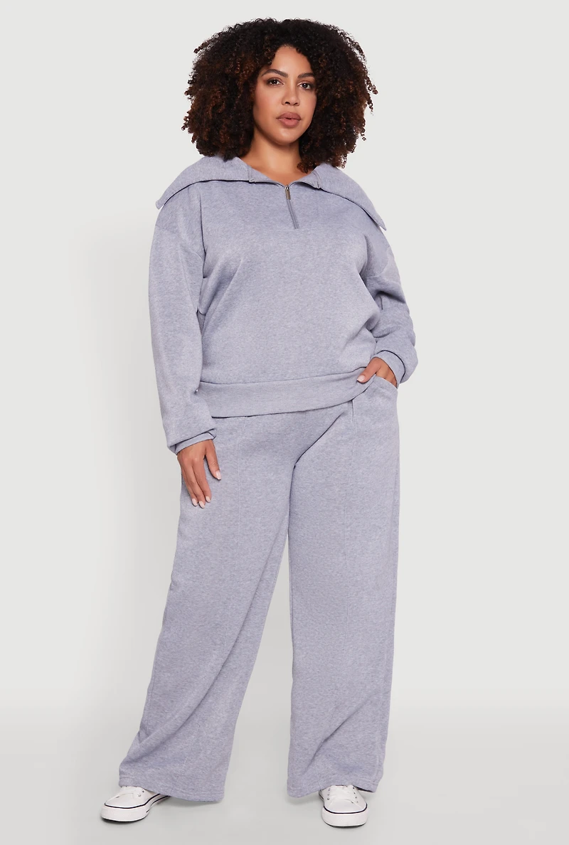 Womens Plus Wide Leg Fleece Sweatpants with Pockets, 2X