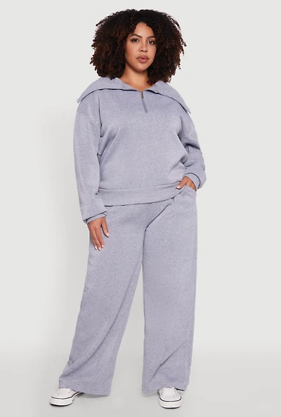 Womens Plus Size Wide Leg Fleece Sweatpants with Pockets, Grey, Size 1X