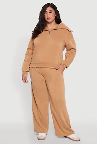 Womens Plus Size Wide Leg Fleece Sweatpants with Pockets, Khaki, Size 2X