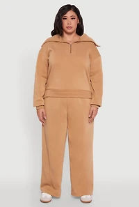 Womens Plus Size Wide Leg Fleece Sweatpants with Pockets, Khaki, Size 2X