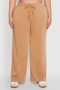 Womens Plus Size Wide Leg Fleece Sweatpants with Pockets, Khaki, Size 2X