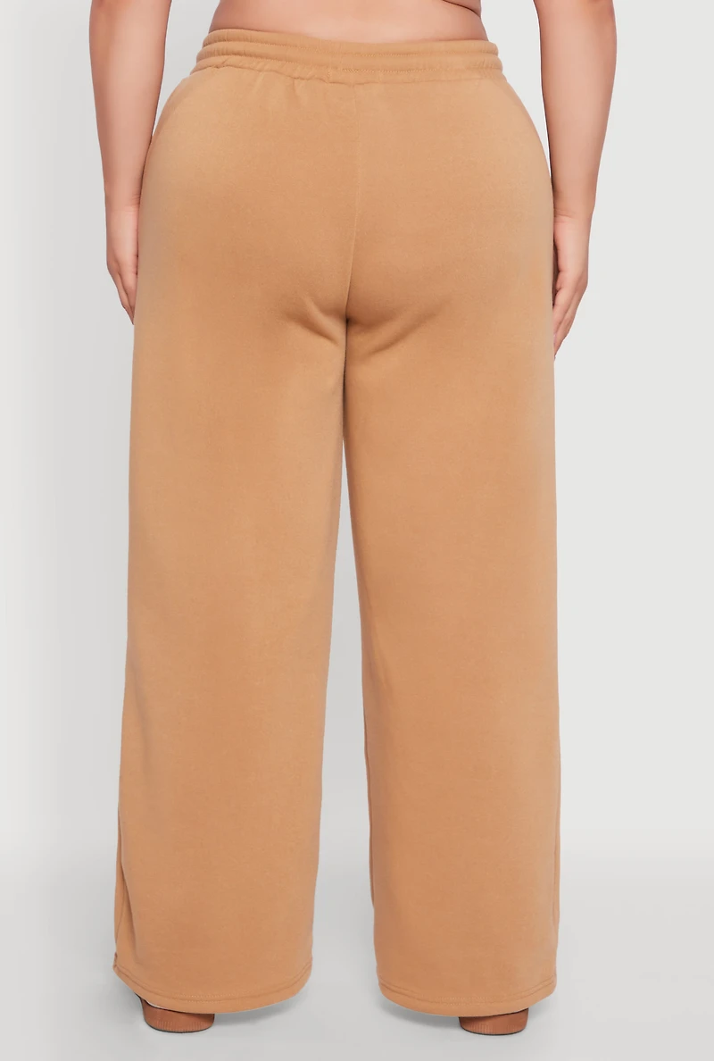Womens Plus Size Wide Leg Fleece Sweatpants with Pockets, Khaki, Size 2X