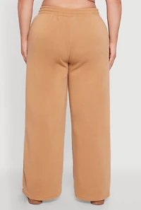 Womens Plus Size Wide Leg Fleece Sweatpants with Pockets, Khaki, Size 2X