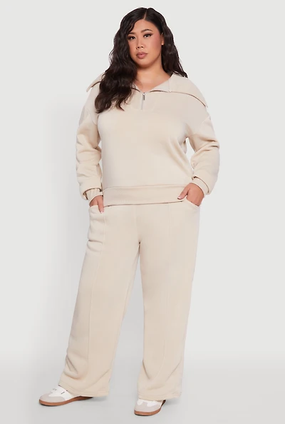 Womens Plus Size Wide Leg Fleece Sweatpants with Pockets, Khaki, Size 2X