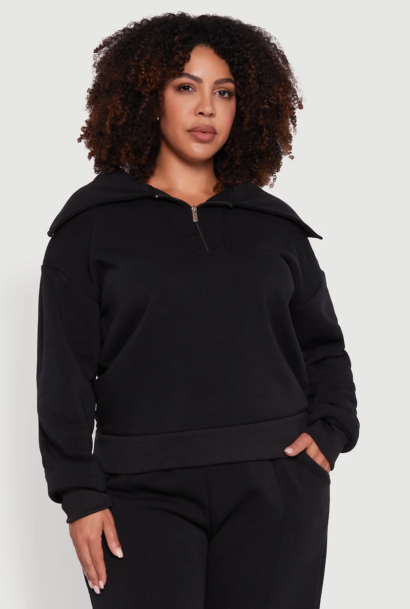Womens Plus Size Fleece Collared Quarter Zip Pullover Sweatshirt, Black, Size 2X