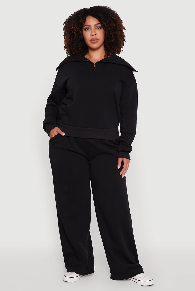 Womens Plus Size Fleece Collared Quarter Zip Pullover Sweatshirt, Black, Size 2X
