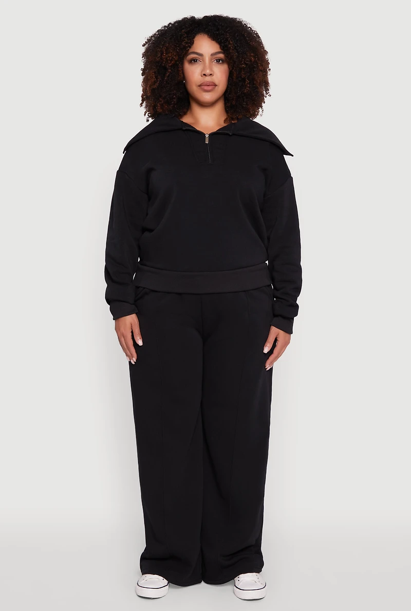 Womens Plus Size Fleece Collared Quarter Zip Pullover Sweatshirt, Black, Size 2X