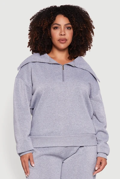 Womens Plus Fleece Collared Quarter Zip Pullover Sweatshirt, Grey,
