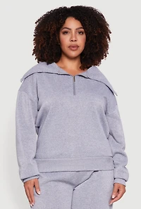 Womens Plus Fleece Collared Quarter Zip Pullover Sweatshirt, Grey,