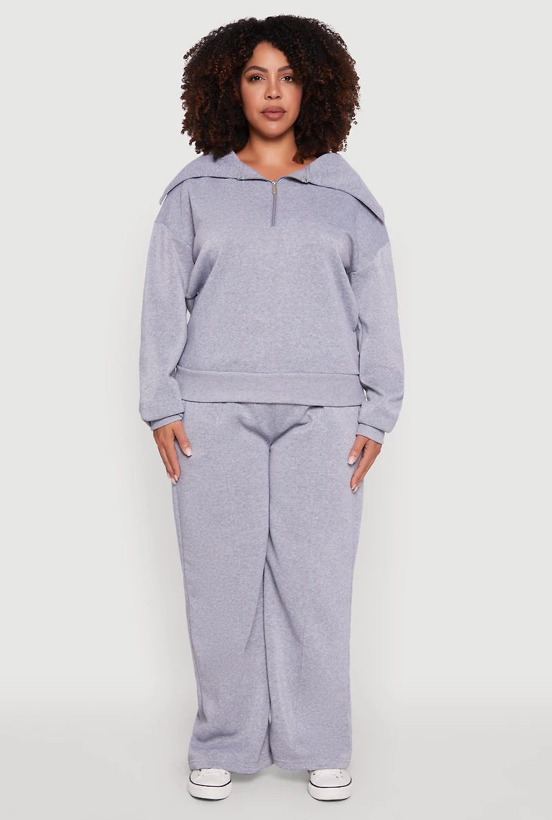Womens Plus Fleece Collared Quarter Zip Pullover Sweatshirt, Grey,