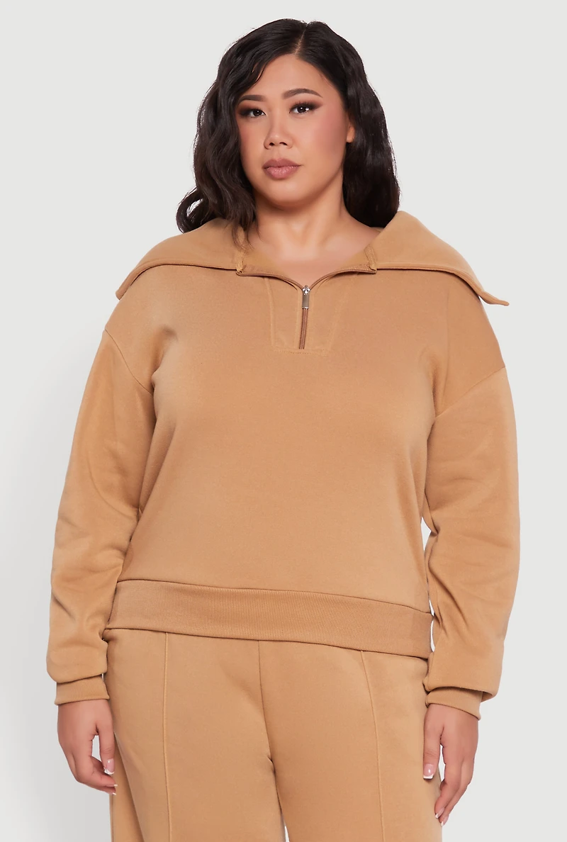 Plus Fleece Collared Quarter Zip Pullover Sweatshirt