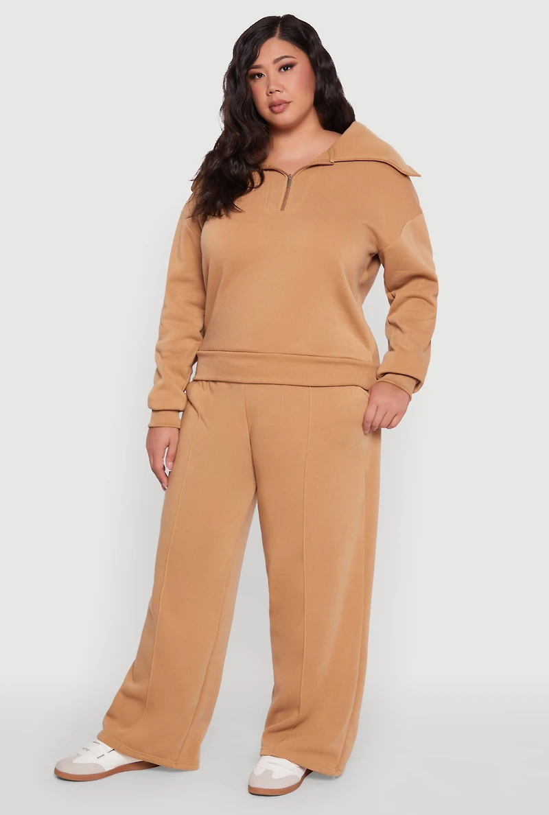 Womens Plus Fleece Collared Quarter Zip Pullover Sweatshirt,