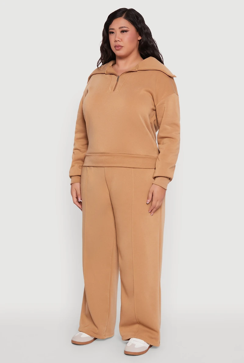 Womens Plus Fleece Collared Quarter Zip Pullover Sweatshirt,