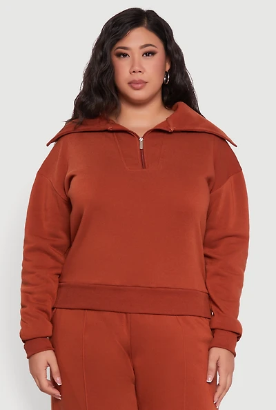 Womens Plus Size Fleece Collared Quarter Zip Pullover Sweatshirt, Brown, Size 3X