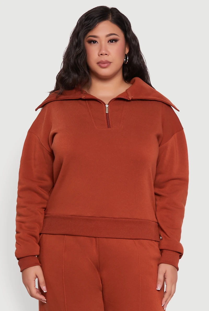 Plus Fleece Collared Quarter Zip Pullover Sweatshirt