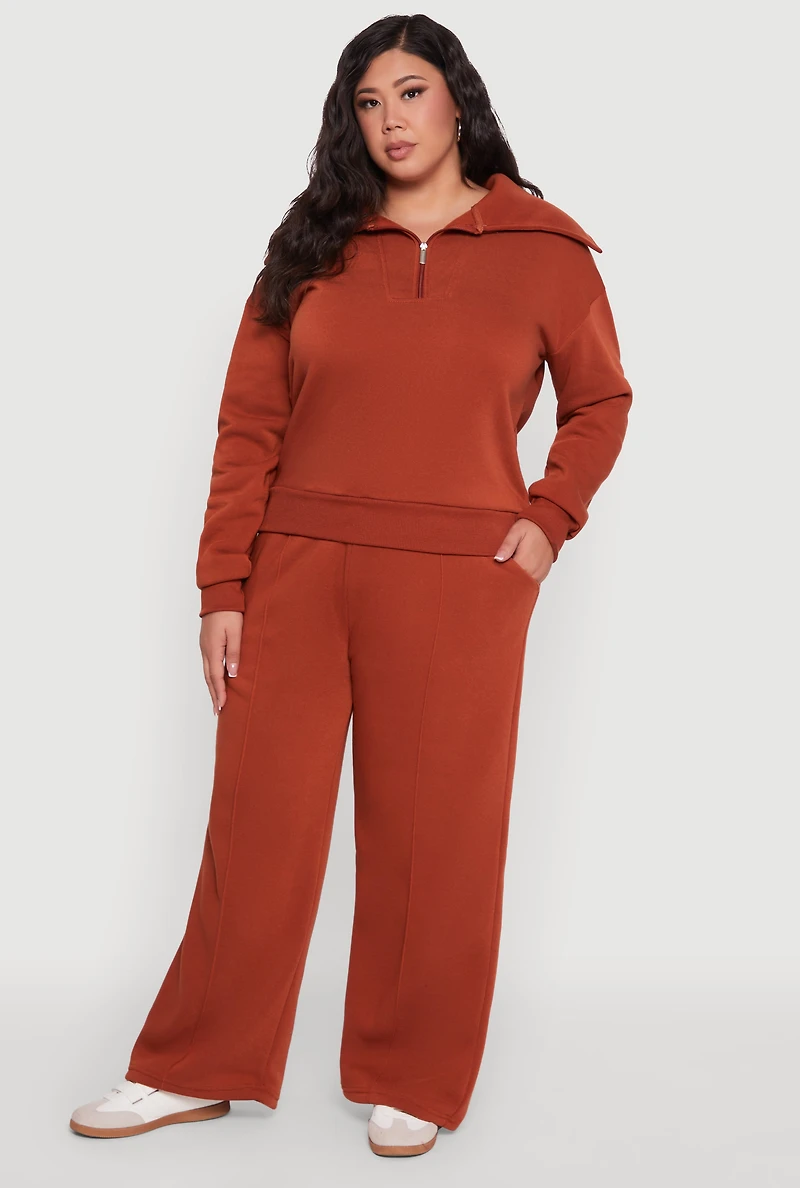 Womens Plus Size Fleece Collared Quarter Zip Pullover Sweatshirt, Brown, Size 3X