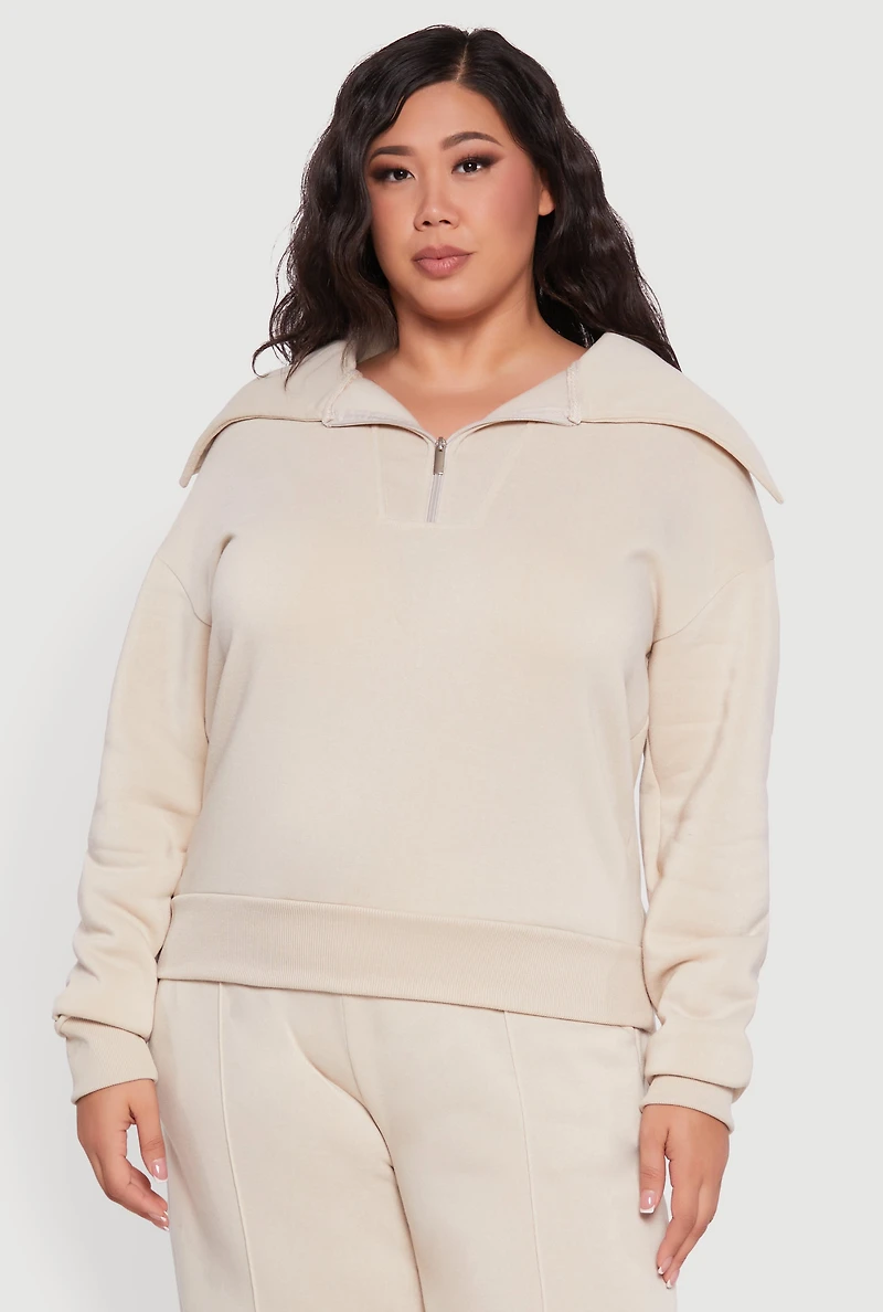 Womens Plus Fleece Collared Quarter Zip Pullover Sweatshirt,