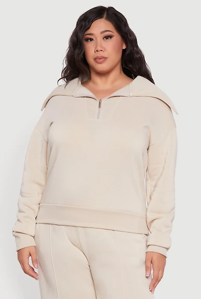 Womens Plus Fleece Collared Quarter Zip Pullover Sweatshirt,