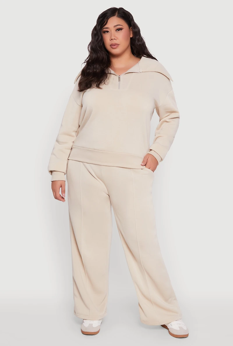 Womens Plus Fleece Collared Quarter Zip Pullover Sweatshirt,