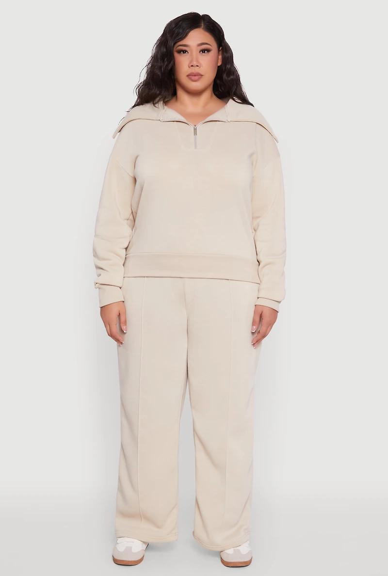 Womens Plus Fleece Collared Quarter Zip Pullover Sweatshirt,
