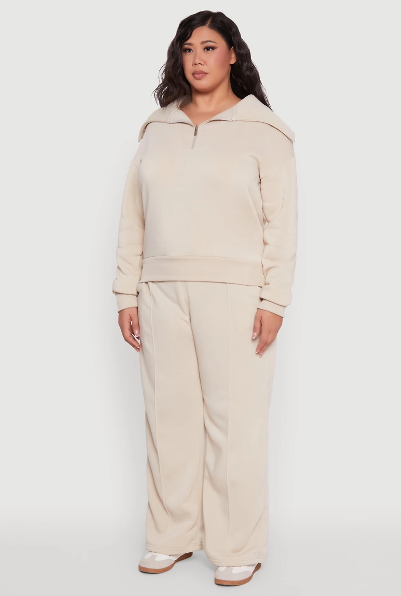 Womens Plus Fleece Collared Quarter Zip Pullover Sweatshirt,
