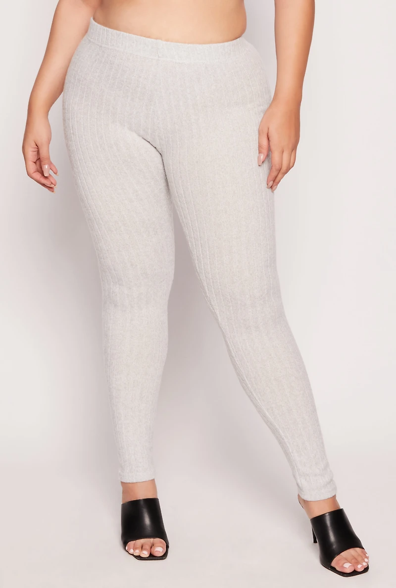 Womens Plus Size Brushed Ribbed Knit Leggings, Grey, Size 3X