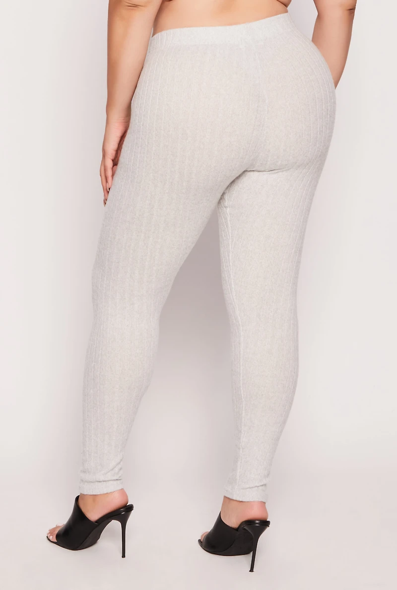 Womens Plus Size Brushed Ribbed Knit Leggings, Grey, Size 3X