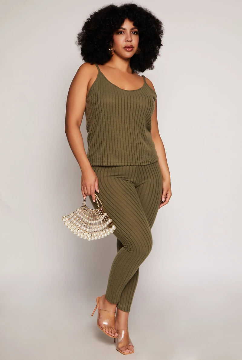 Womens Plus Size Brushed Ribbed Knit Leggings, Green, Size 1X
