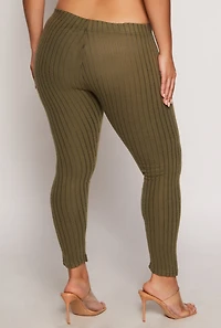 Womens Plus Size Brushed Ribbed Knit Leggings, Green, Size 1X