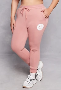 Womens Plus Size Smile Face Graphic Joggers, Pink, Size 3X