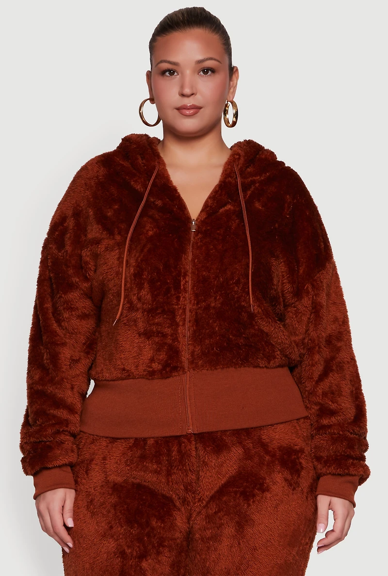 Plus Zip Front Faux Fur Hoodie