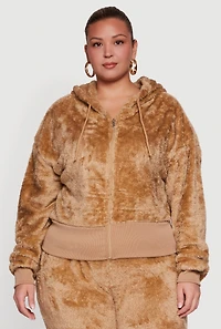 Womens Plus Size Zip Front Faux Fur Hoodie, Beige, Size 3X