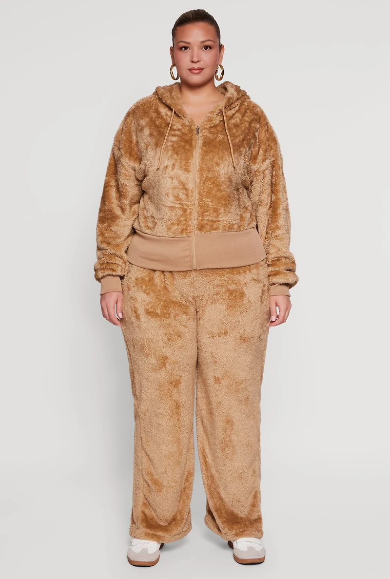 Womens Plus Size Zip Front Faux Fur Hoodie, Beige, Size 3X