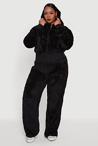 Womens Plus High Waisted Faux Fur Lounge Pants, Black,