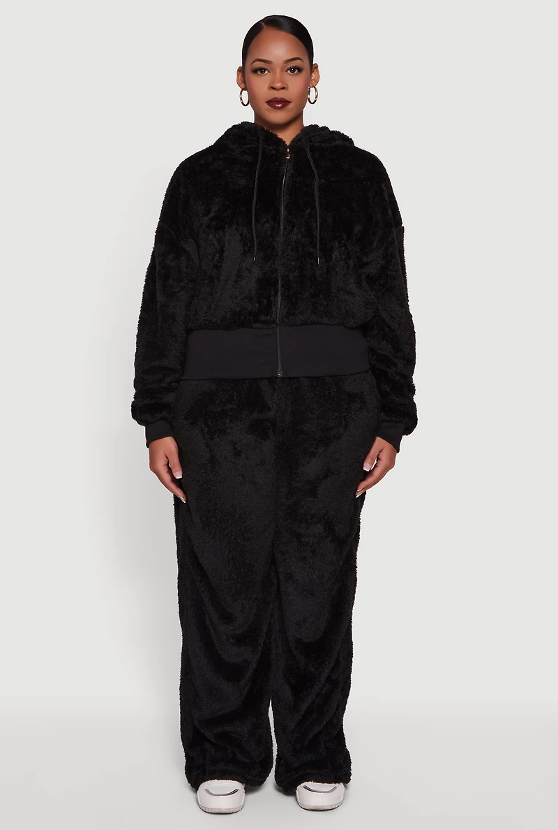 Womens Plus High Waisted Faux Fur Lounge Pants, Black,