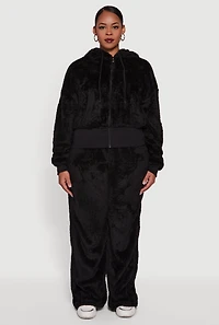 Womens Plus High Waisted Faux Fur Lounge Pants, Black,