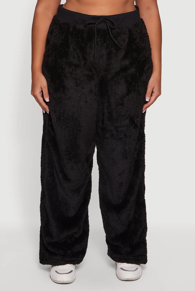 Womens Plus High Waisted Faux Fur Lounge Pants, Black,